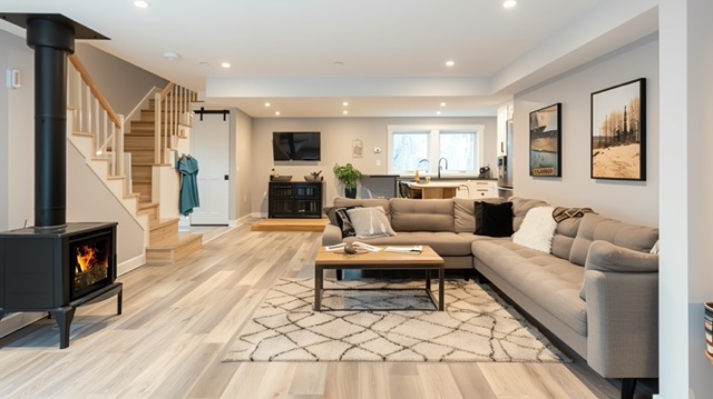 Finished basement with fireplace