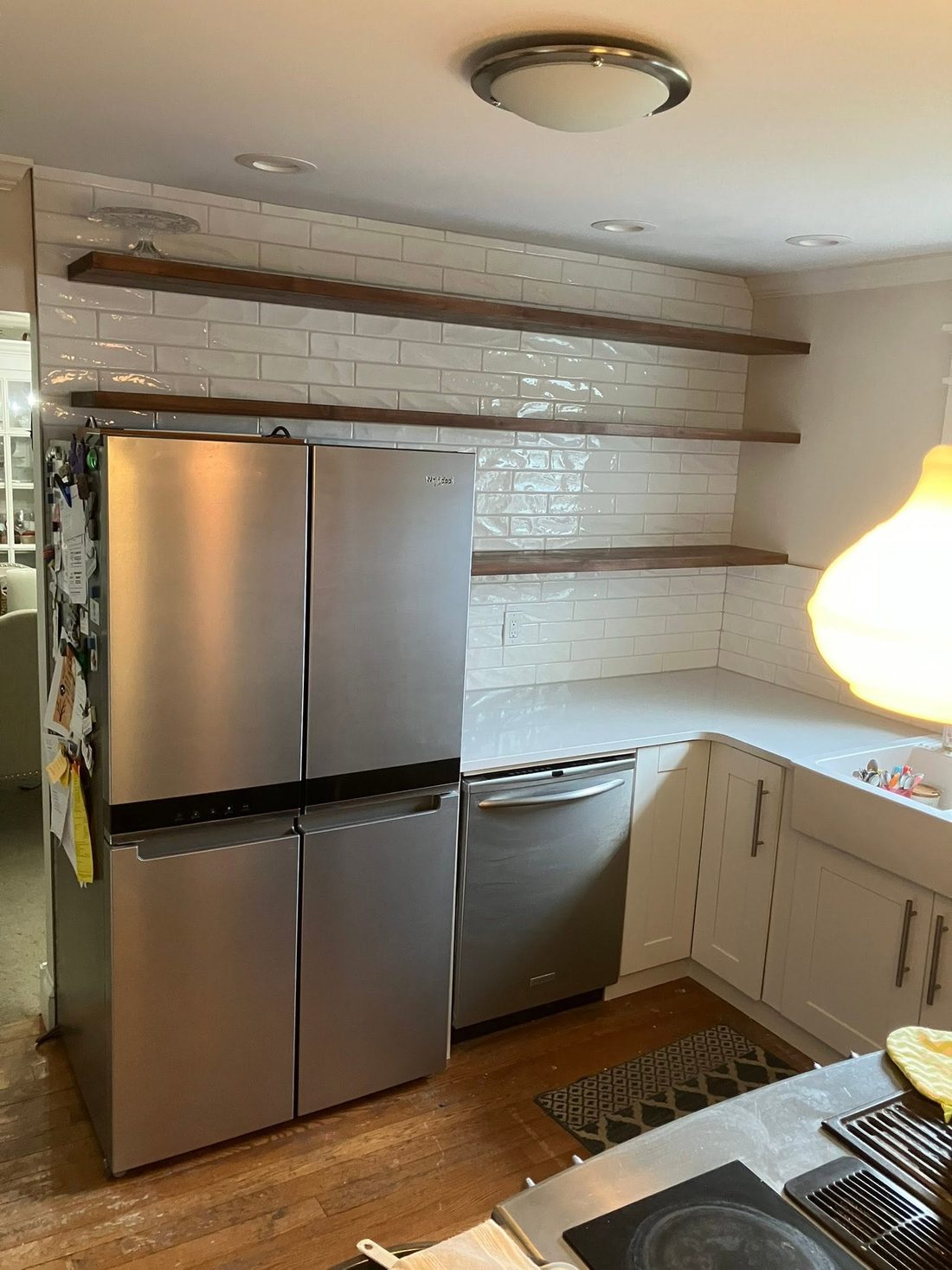 Kitchen remodel with subway tile and open wood shelving