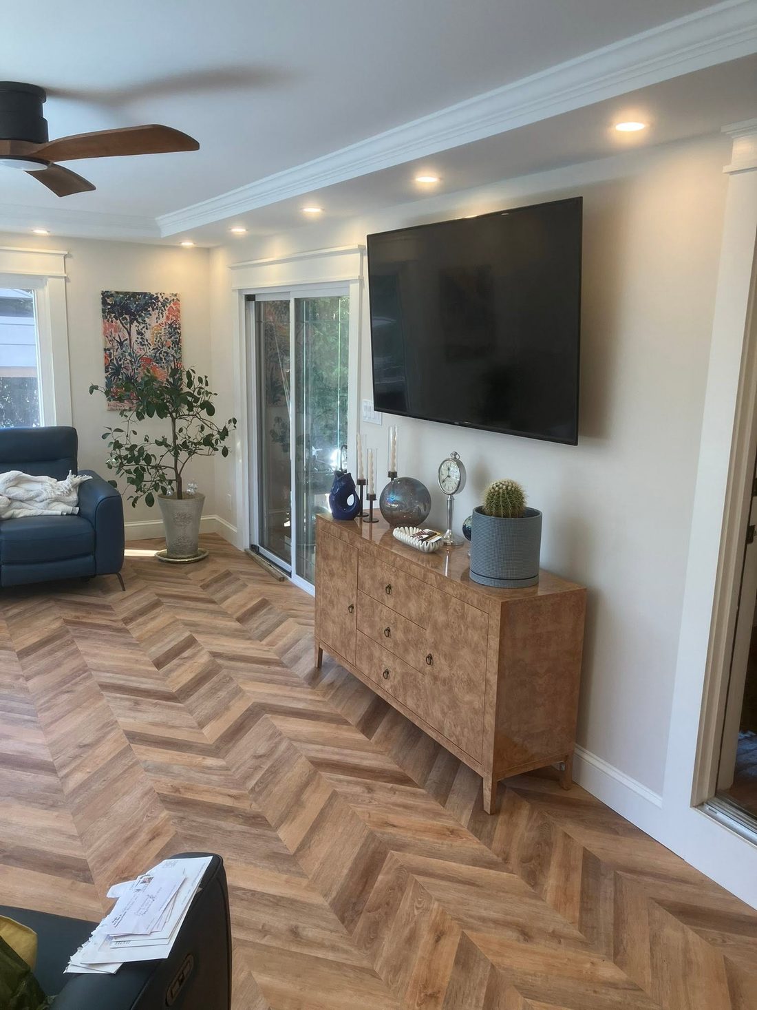 Movie room TV wall with recessed lighting
